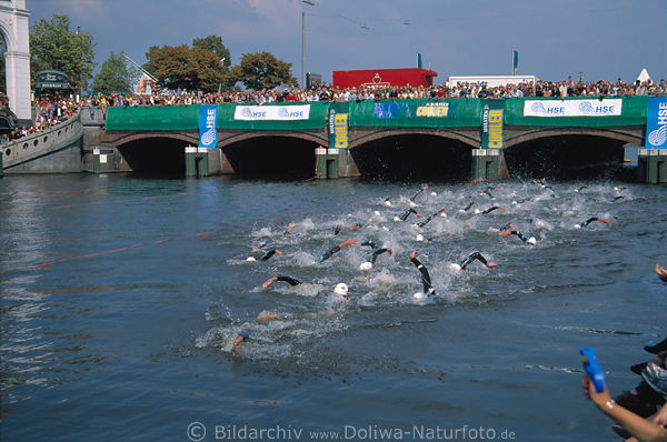 Triathlon Hamburg WM Spitzenathleten Wettschwimmen in Alsterwasser vor Reesendammbrcke