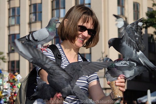 Tauben auf Frau Armen sitzen Spa Tiere Fttern in Krakauer Marktplatz