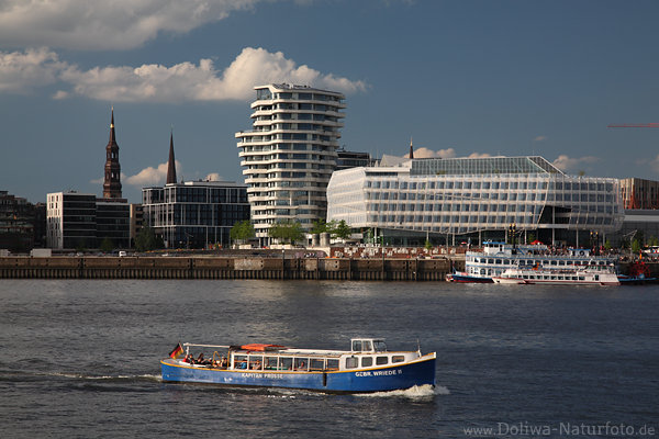 Hamburg HafenCity Elbkai Wasserblick Penthouse Kirche Barkasse Boot in Wasserlandschaft
