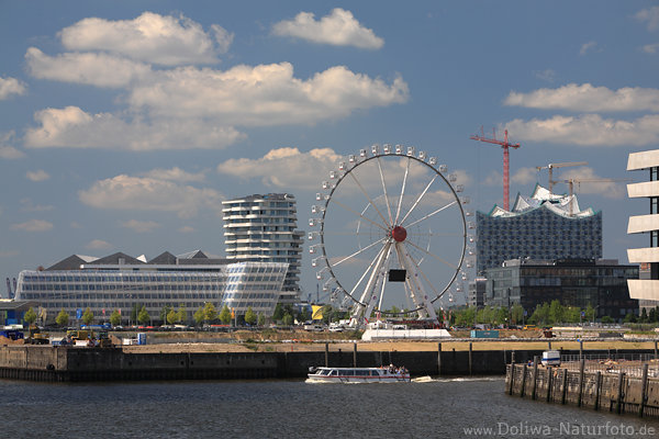 Hamburger Himmel weie Wolken HafenCity Landschaft Riesenrad am Elbwasser Schiff