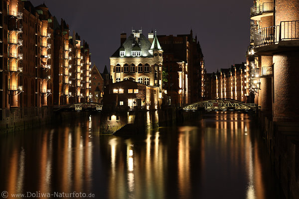 Speicherstadt Hamburg Wasserschloss Nacht Lichter Panorama historischer Freihafen
