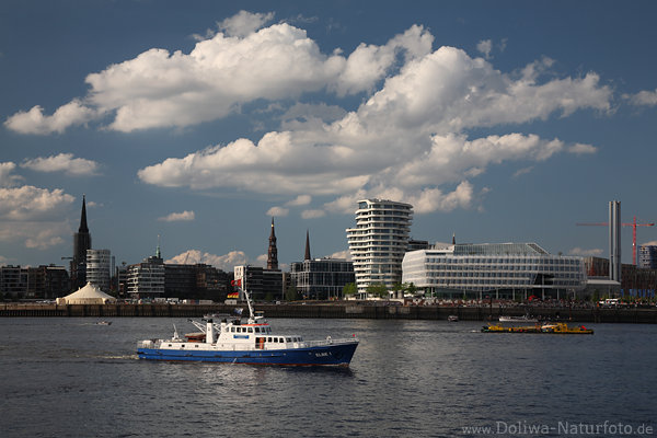 Hamburg Skyline Wolken Polizeiboot in Elbwasser Landschaft