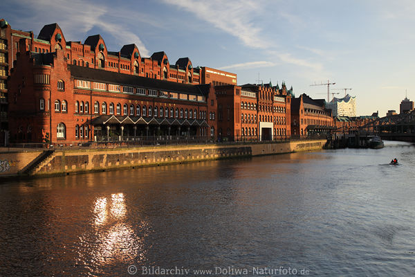 Speicherfleet Hamburg roter Backsteinbau Foto am Wasser Zollkanal in Abendlicht
