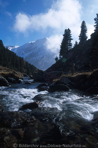 Alpenlandschaft Bergbachwasser, Stilfserjoch Wildbach, Wasserfluss abwrts rauschend ins Tal unter Schneegipfel