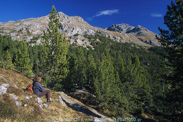 Ofenpass Berge, Wanderin Rast am Nadelwald, Rtische Alpen Landschaft Felsenblick Naturidylle