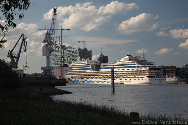 AIDAsol Kreuzfahrt Schiffsreise Foto an Elbphilharmonie Hamburg Elbe Hafen Kräne schwimmen