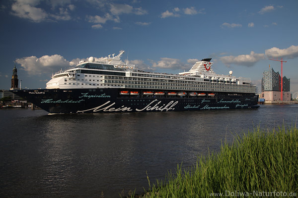 Mein-Schiff-2 Volllnge Schwarzriese Panorama in Elbe von Michel bis Elbphilharmonie