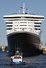 605465_Kleiner Patrolboot unter Schiffsriesen Queen Mary 2 Bild Schiffchen unter Kreuzfahrer Steuerbrücke Fenster