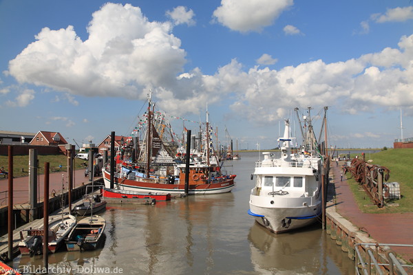 Ditzum Hafen Schiffe F�hre Kutter in Wasser Emskanal bei Sch�nwetterwolken