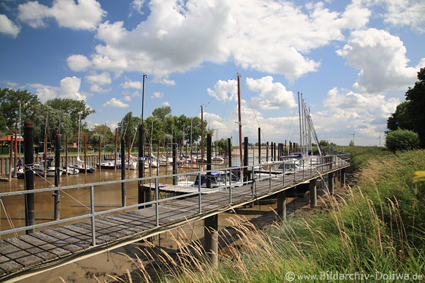 Emshafen Jemgum Wassersteg Grnufer Grser Windstimmung unter Wolkenpanorama