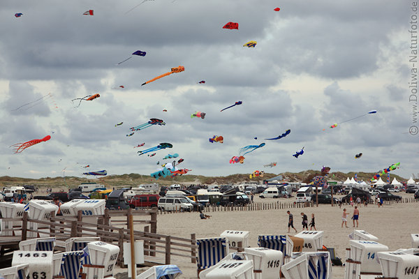 Drachenfestival St.Peter-Ording Flugobjekte ber Strandparkplatz Besucher