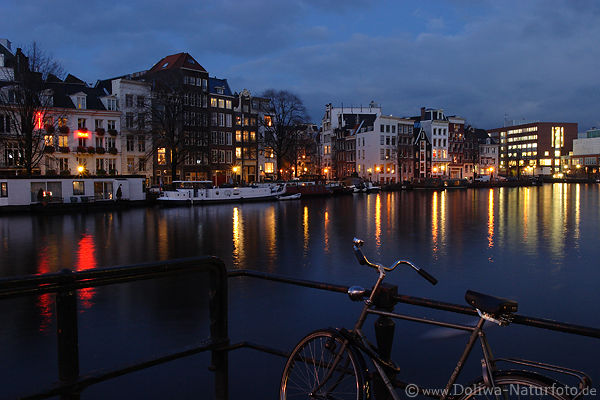 Amsterdam Wasser City Skyline Nachtlichter Spiegelung Amstel Ufer Wohnboote