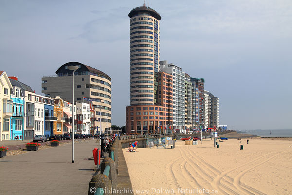 Vlissingen Strand Panorama Meer Sand Rundturm Hotelhuser Landschaft