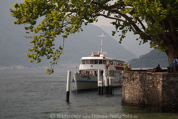Schiff unter Baum in Wasser Como See Tremezzo Anlegestelle bei Villa Carlotta