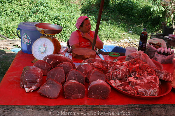 Marktstand Rohfleisch-Sorten auf Tisch thailndisches Markt Verkuferin
