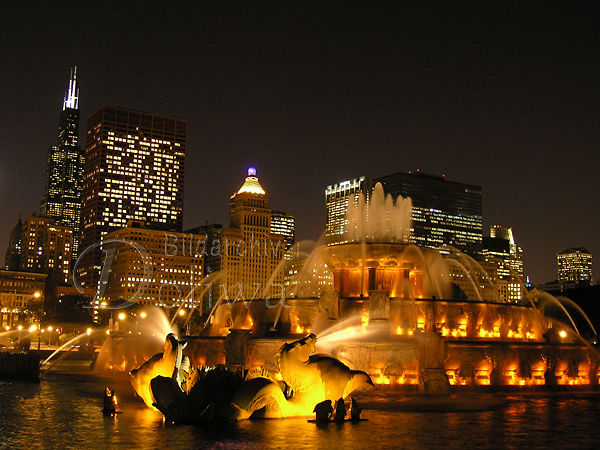 Chicago Nacht Wasser-Fontnen Lichter vor City-Skyline Wolkenkratzer USA