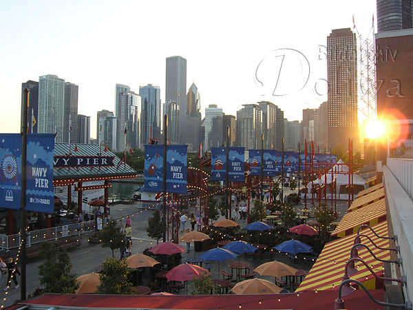 Chicago City Sonnenuntergang ber Navy Pier Wolkenkratzer Skyline